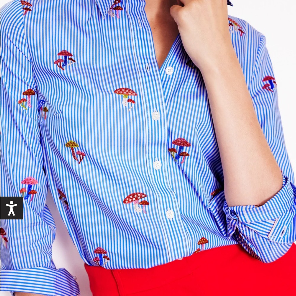 Boden Blue Striped Shirt with Mushroom Print Sz 16-18